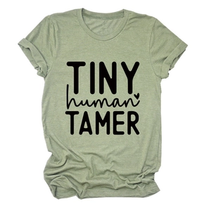 Sage green short sleeve t-shirt featuring Tiny Human Tamer print with rolled cuffs