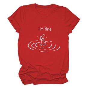 Close-up of red cotton T-shirt featuring I'm Fine text and thumb up graphic design