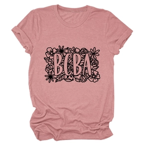 Detail of mauve round neck T-shirt featuring BCBA text and floral pattern print