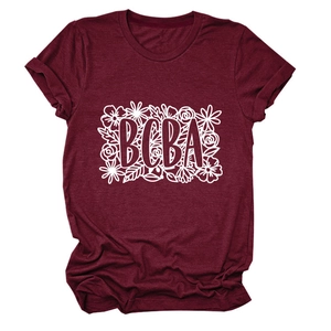 Detail of white floral BCBA print on burgundy cotton T-shirt fabric texture