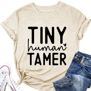 Women Cotton Blend T-Shirt Round Neck Short Sleeve Tiny Human Tamer Letter Print Casual Streetwear Top