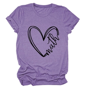 Detail of purple cotton blend T-shirt featuring a heart-shaped math print and crew neck