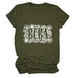 Detail of army green crewneck T-shirt showing white BCBA lettering and floral pattern