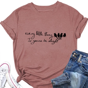 Flat lay of dusky rose t-shirt with birds and 'every little thing' slogan print