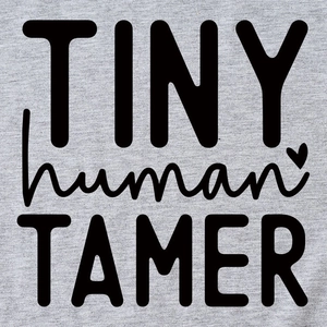 Gray crewneck T-shirt featuring TINY TAMER human graphic print and heart icon