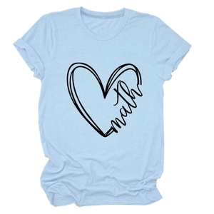 Detail of light blue cotton T-shirt featuring a heart and math script graphic design