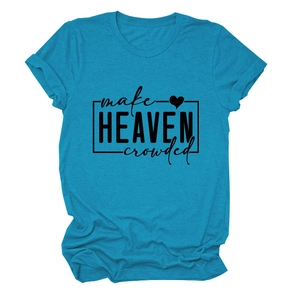 Detailed view of peacock blue cotton tee with make HEAVEN crowded text and heart graphic