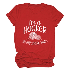 Close-up of red cotton T-shirt with I'm a Hooker knitting print and rolled sleeve detail