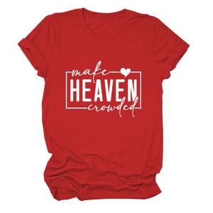 Detail of white 'make HEAVEN crowded' typography print on a red cotton t-shirt