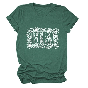 Detail of dark green cotton BCBA floral printed T-shirt with rolled short sleeves