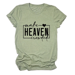 Short sleeve sage green t-shirt with 'make HEAVEN crowded' slogan and heart print