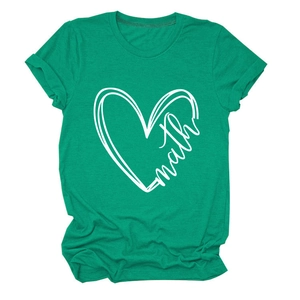 Detail of emerald green cotton T-shirt featuring a heart shape and math text print