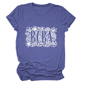 Detail of light purple floral T-shirt with BCBA print and soft blended fabric texture