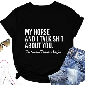 Damen T-Shirt Baumwollmischung Kurzarm Rundhals Lustiger Reiter Buchstabendruck Lässiges Sommer Mode T-Shirt