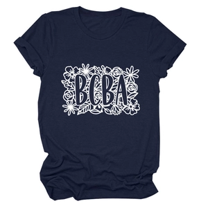 Detail of navy cotton BCBA T-shirt with white floral graphic and professional lettering