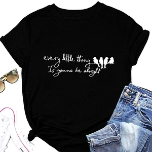 Flat lay of black cotton t-shirt with every little thing is gonna be alright bird print