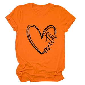 Close-up of bright orange short sleeve T-shirt with heart pattern and math lettering