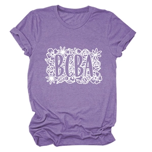 Close-up of BCBA floral print on a heather purple crew neck casual t-shirt for women