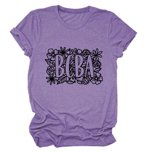 Detail of lavender BCBA floral print on cotton short sleeve women's t-shirt top