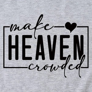 Grey knit t-shirt featuring black make heaven crowded letter print with heart design