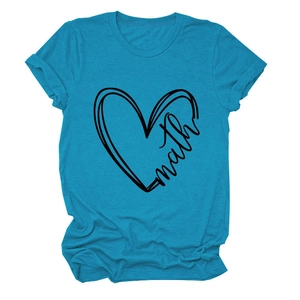 Detail of lake blue t-shirt featuring heart print and math text on soft cotton fabric