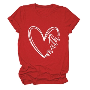 Detail of red cotton T-shirt featuring a white heart line art and Math text print