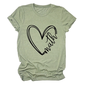 Close-up of sage green t-shirt with math heart graphic and folded sleeve detail