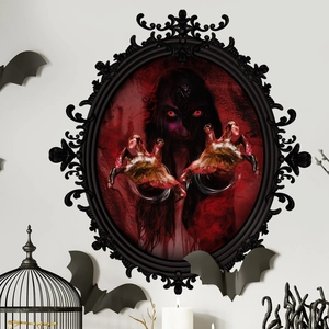 Scary Halloween wall decor featuring a vintage mirror with a bloody female ghost image