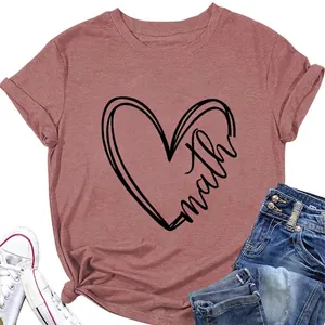 Women T-Shirt Cotton Blend Heart Math Graphic Short Sleeve Crew Neck Casual Summer Loose Top