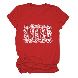 Detail of red cotton T-shirt featuring BCBA floral print and classic crew neck