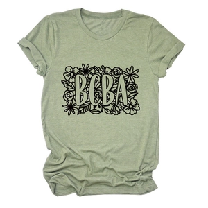 Sage green short sleeve BCBA t-shirt with floral print design and comfortable crew neck