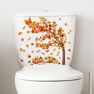 Autumn maple tree and pumpkin waterproof self-adhesive toilet tank sticker decor