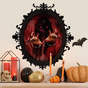 Halloween Wall Sticker PVC Horror Scary Red Eyed Ghost Mirror Design Bloody Hands Haunted House Decoration Party Prop Gothic