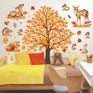 Autumn watercolor forest wall stickers featuring deer, squirrels, and a large orange tree