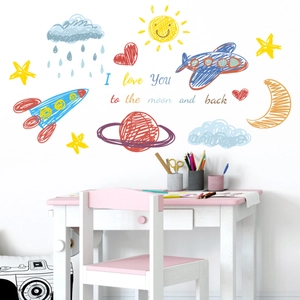 Cartoon space wall stickers with rockets and planets for kids room background decoration
