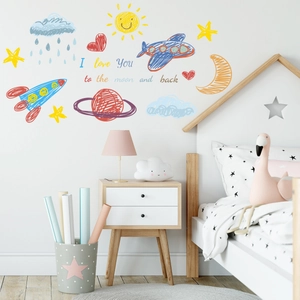 Cartoon space and airplane wall decals with I love you to the moon and back lettering
