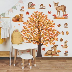Watercolor autumn forest wall decals featuring trees, deer and cute animals for kids room