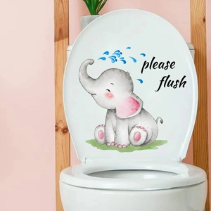 Cartoon elephant toilet seat sticker with water-spray design and 'please flush' text