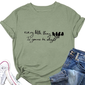 Detail of sage green T-shirt featuring birds on a wire and alright quote with tied hem