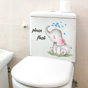 Cute cartoon elephant bathroom wall sticker with water spray and please flush text