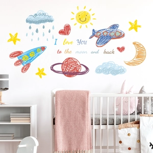 Cartoon plane and stars wall stickers for kids room decoration in hand-drawn style