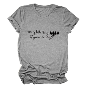 Detail of grey cotton T-shirt featuring birds silhouette and every little thing quote
