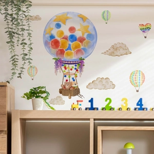 Nordic style watercolor hot air balloon and cartoon animals wall stickers for kids room