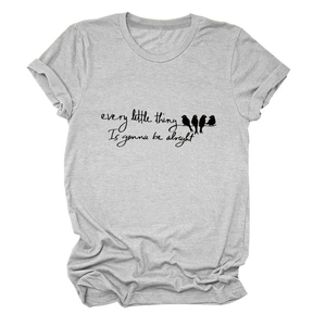 Detail of grey cotton T-shirt featuring every little thing text and bird print