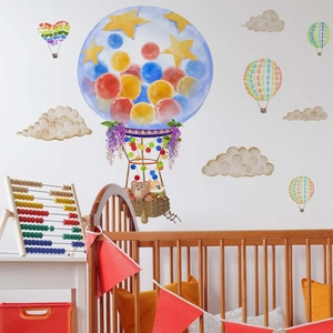 Nordic style watercolor hot air balloon and bear wall decals for nursery background decor