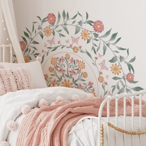 Pink floral vine mandala wall decal with butterflies for bedroom wall decor