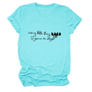 Detail of teal t-shirt with birds and every little thing is gonna be alright text print