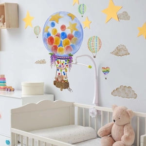Nordic watercolor hot air balloon and clouds wall stickers for kids bedroom decor