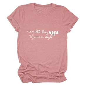 Detail of pink cotton t-shirt featuring bird silhouettes and motivational text print