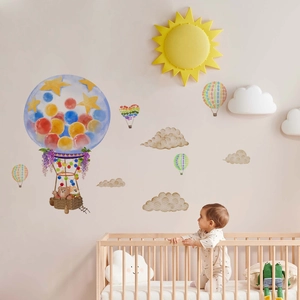 Cartoon Hot Air Balloon Wall Stickers Watercolor Animal Bear Clouds PVC Decals Nursery Kids Room Home Decor Art